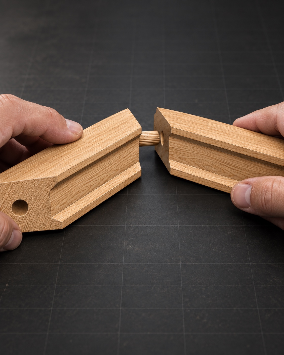 Hands aligning two I-Wood profiles around a wooden dowel connection