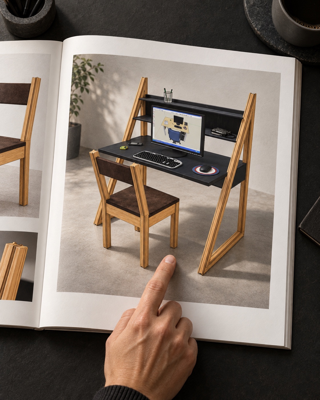 A hand selecting an I-Wood desk and chair from an open furniture catalogue