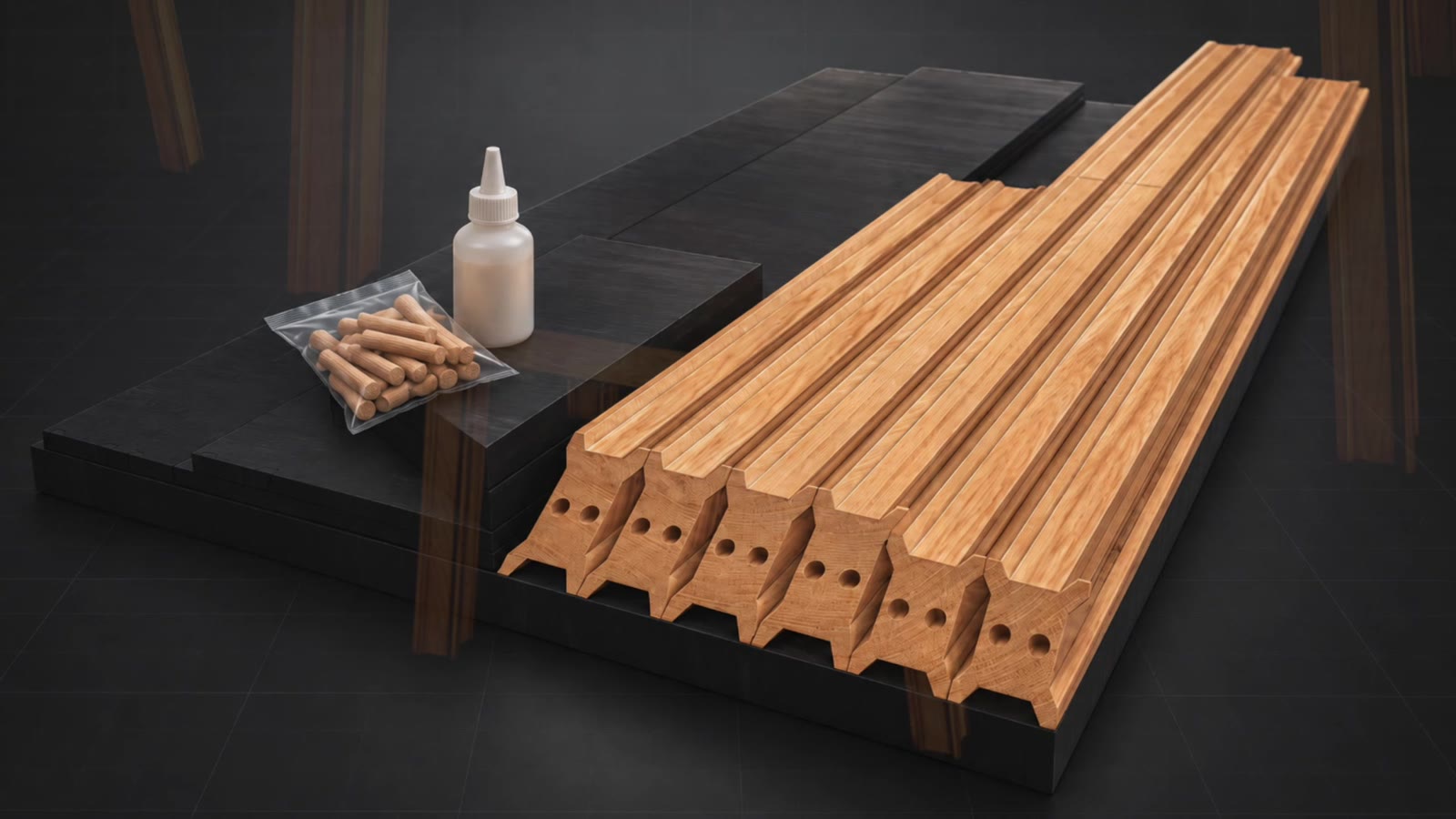 I-Wood profiles, dark panels, wooden dowels and adhesive arranged together
