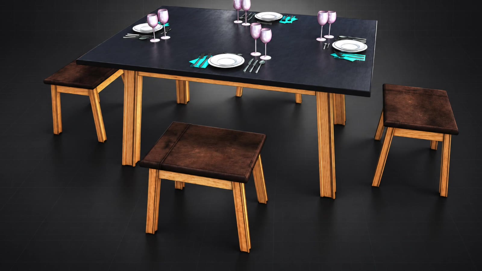 Finished I-Wood dining table and stools arranged for a meal