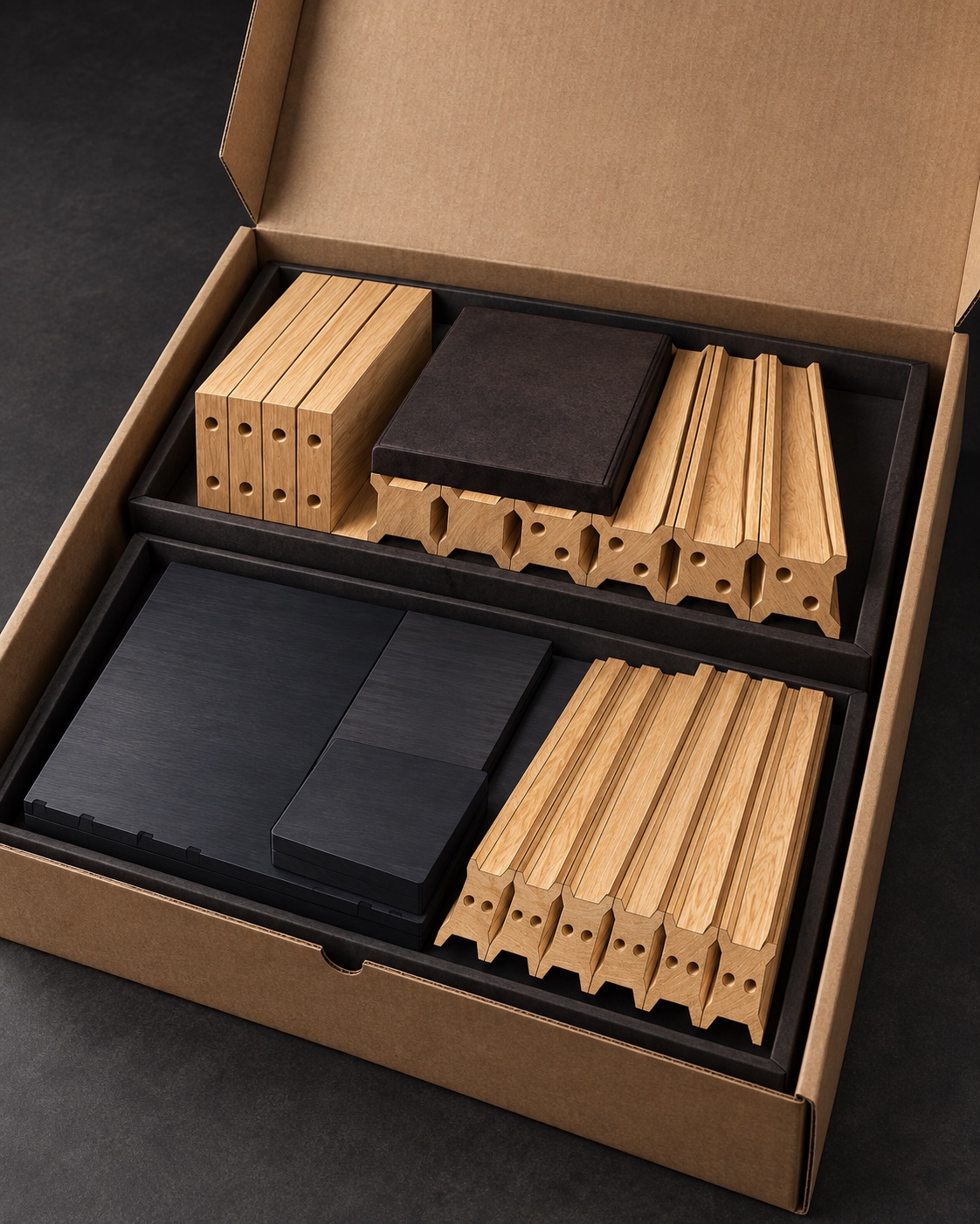 I-Wood desk and chair components organized inside an open package