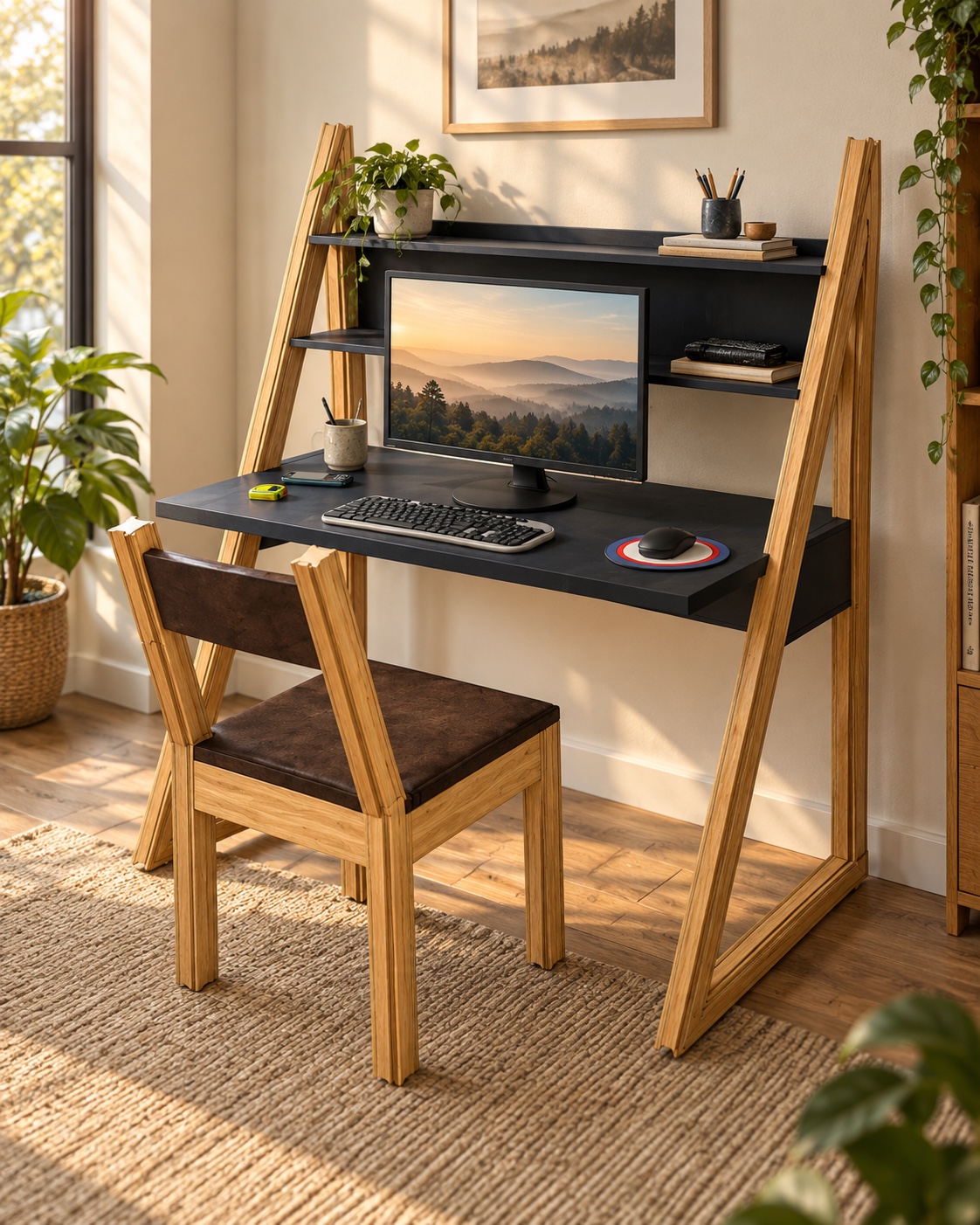 A finished I-Wood desk and chair in a warm home workspace