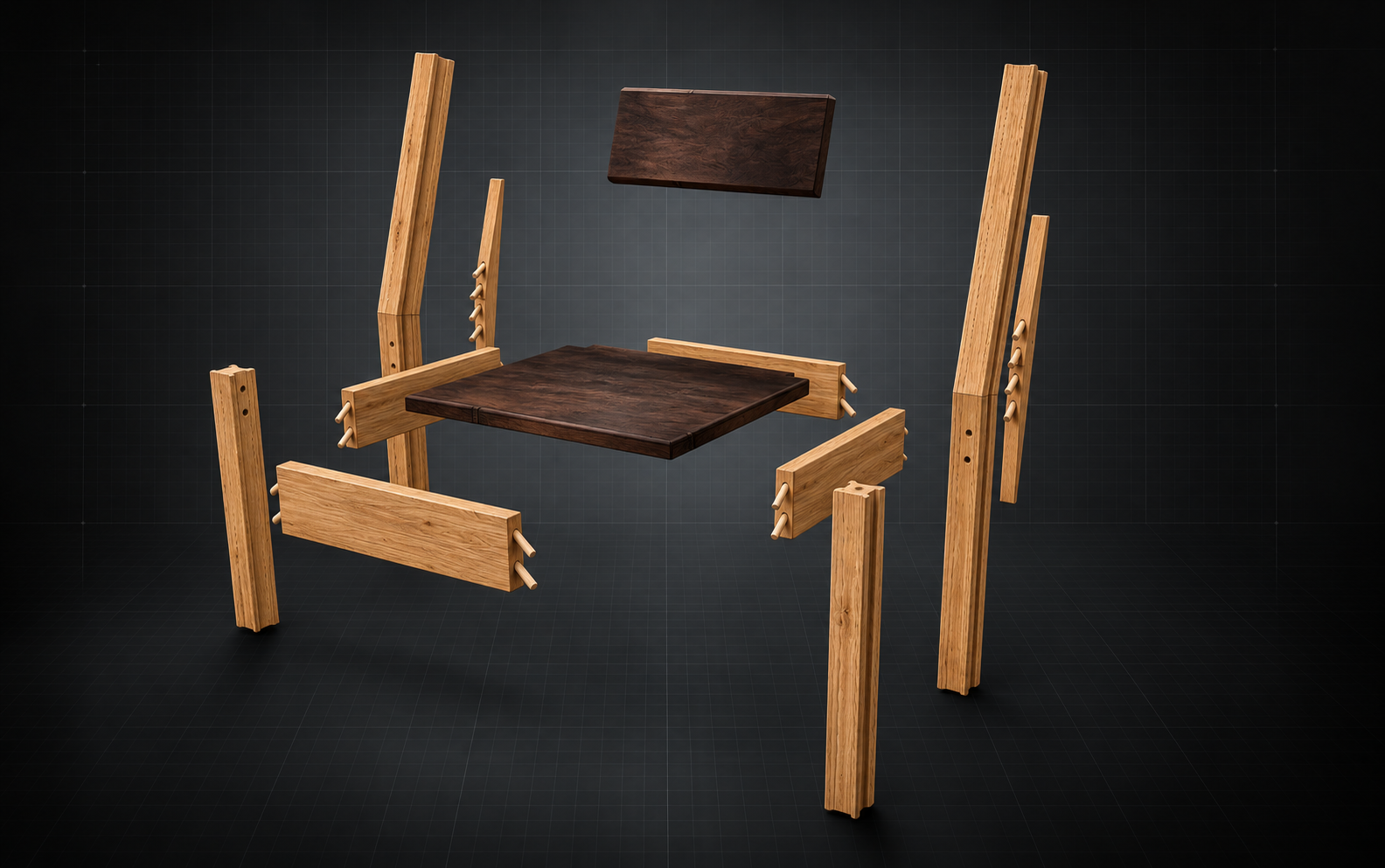 Exploded chair assembly showing how I-Wood profiles, panels and dowelled connections meet