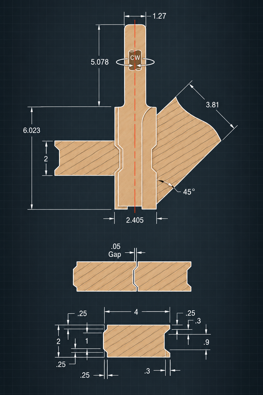 Dimensioned 45-degree routing-bit, workpiece, profile, and controlled joint-gap geometry