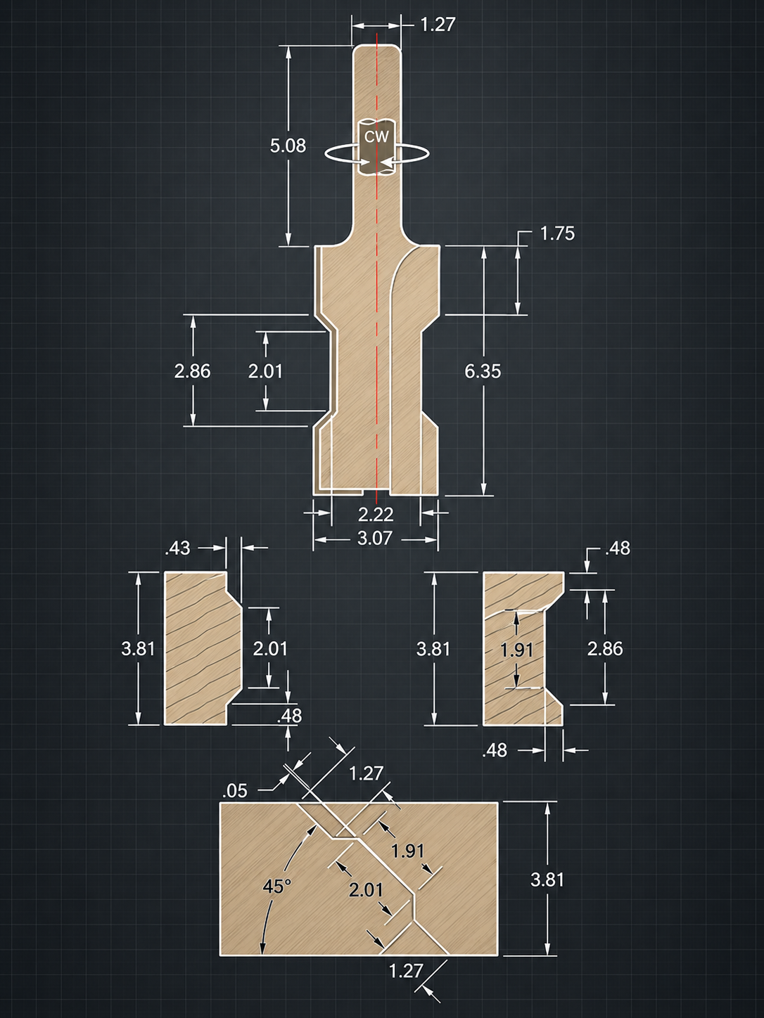Dimensioned Hill routing-bit and workpiece geometry