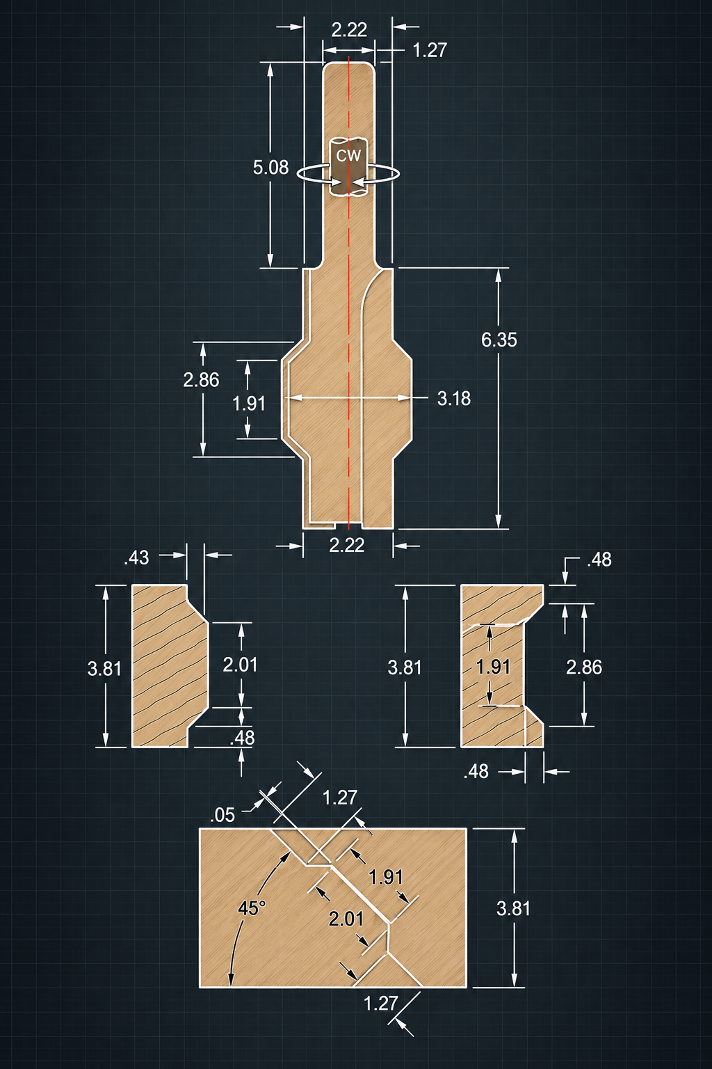 Dimensioned Valley routing-bit and workpiece geometry