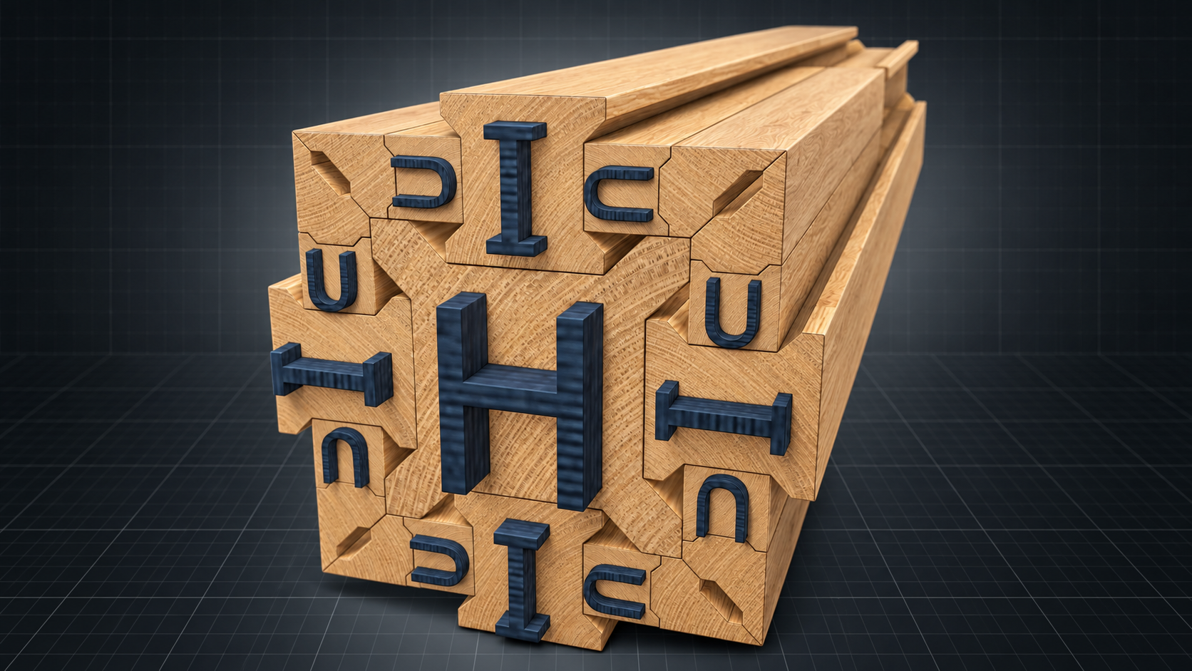 Lettered I-Wood profiles assembled into a multi-face component