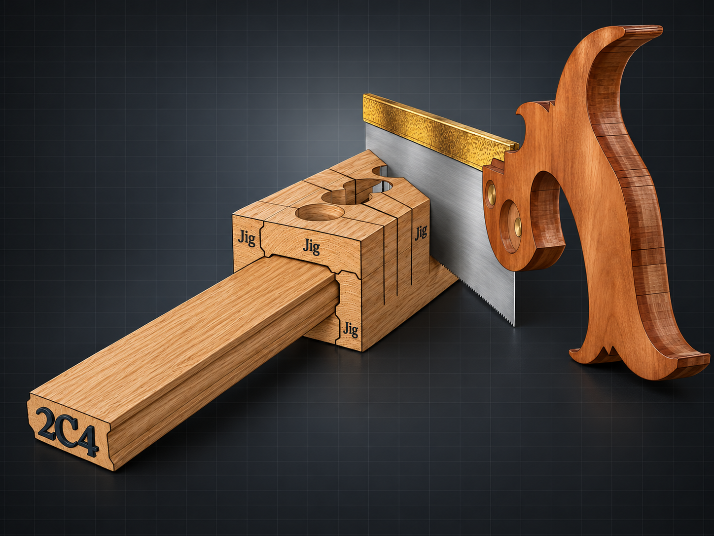 I-Wood cutting jig holding a 2C4 profile and guiding a hand saw