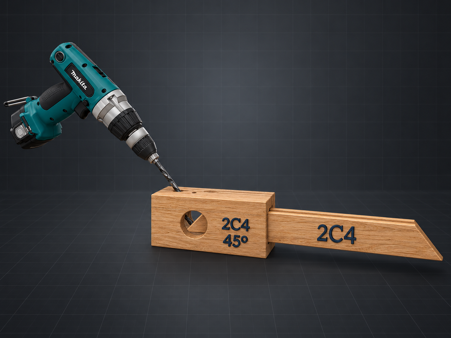 I-Wood drilling jig positioning a drill at 45 degrees to a 2C4 profile