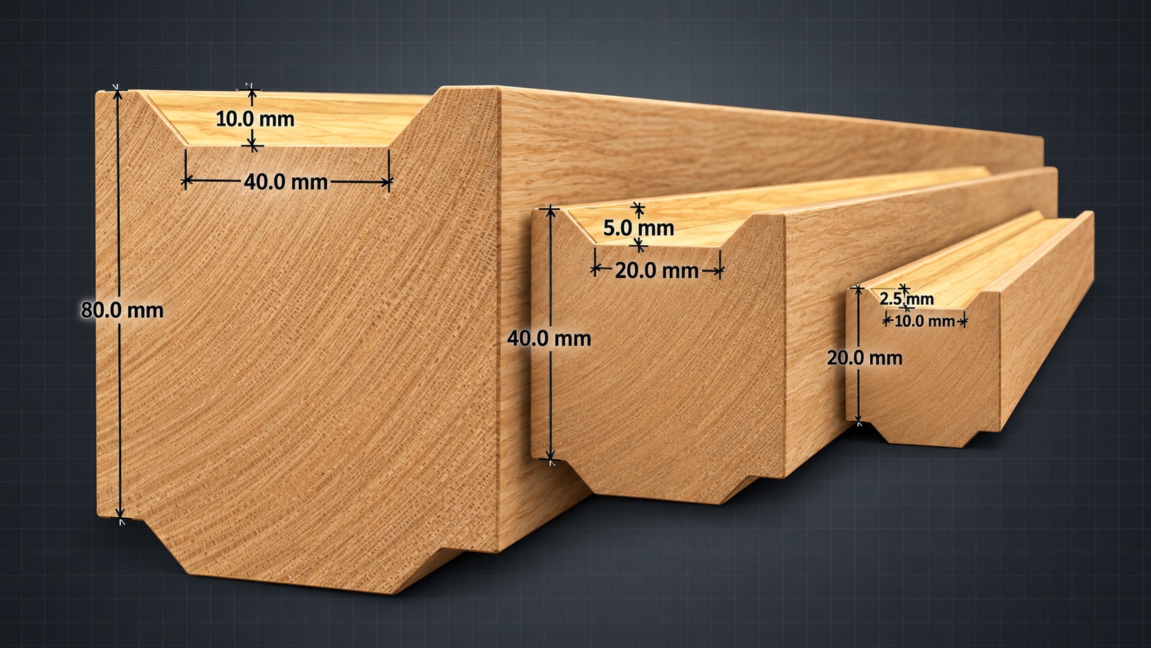 Three I-Wood profiles with Hill-and-Valley width and depth dimensions