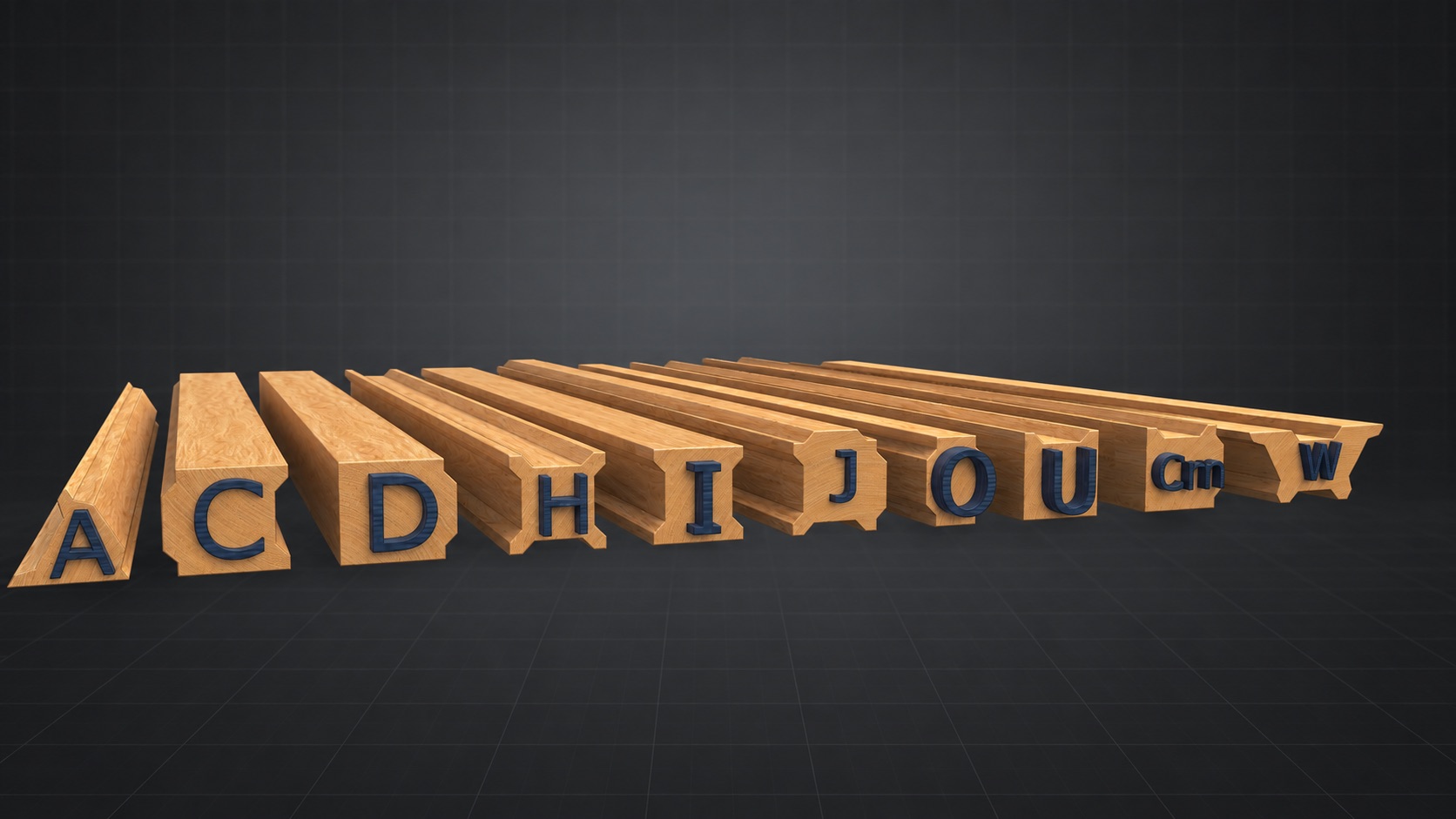 I-Wood profile family arranged on a dark technical grid