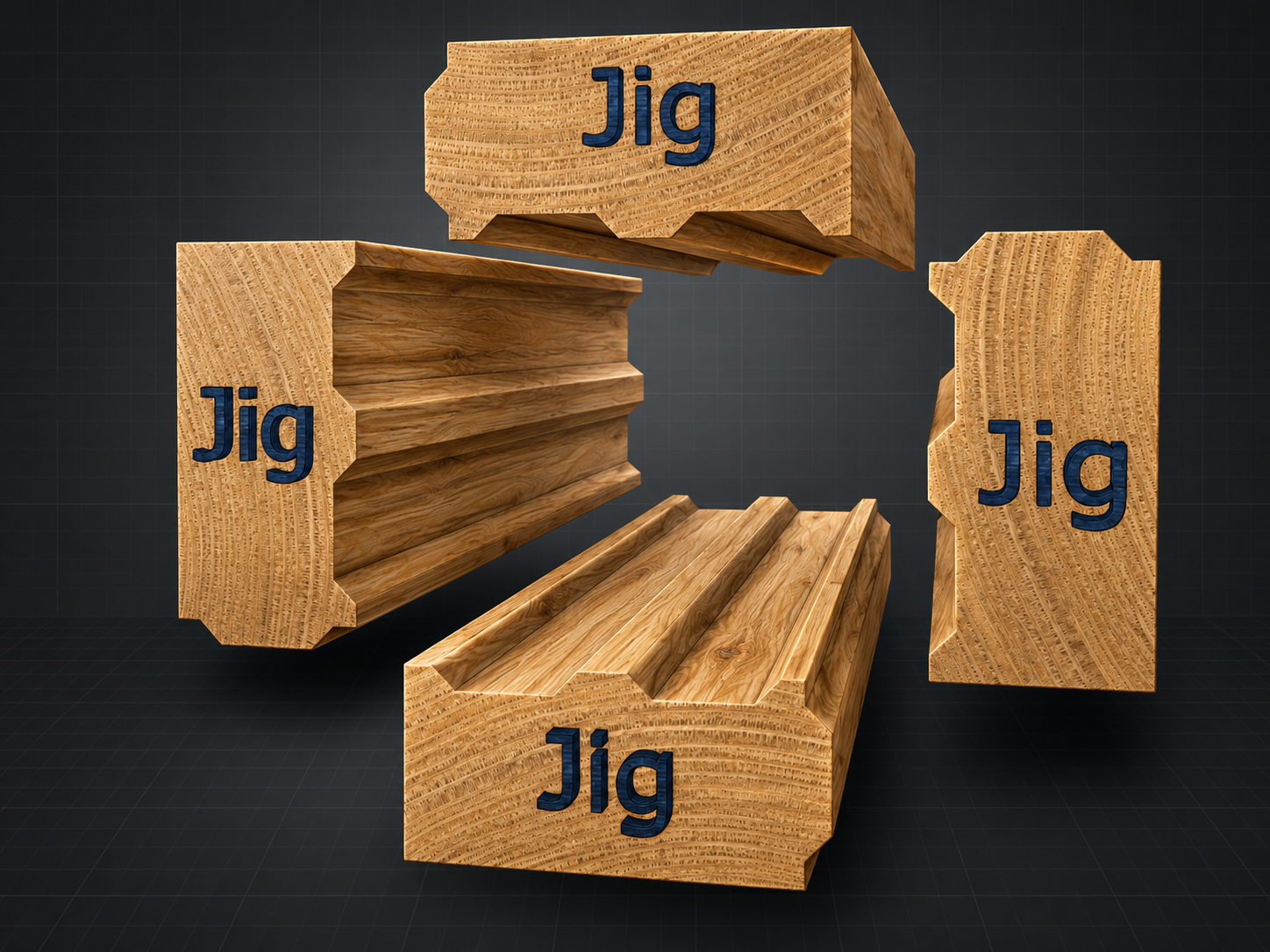 Exploded arrangement of four I-Wood Jig profiles around a square work zone