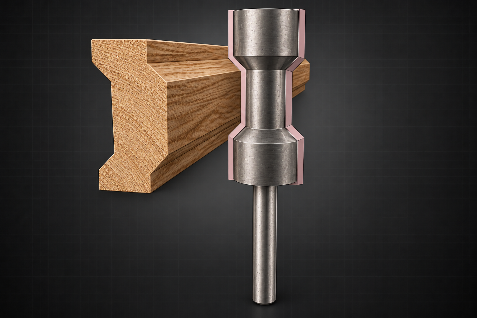 Hill-form router bit beside its matching I-Wood profile