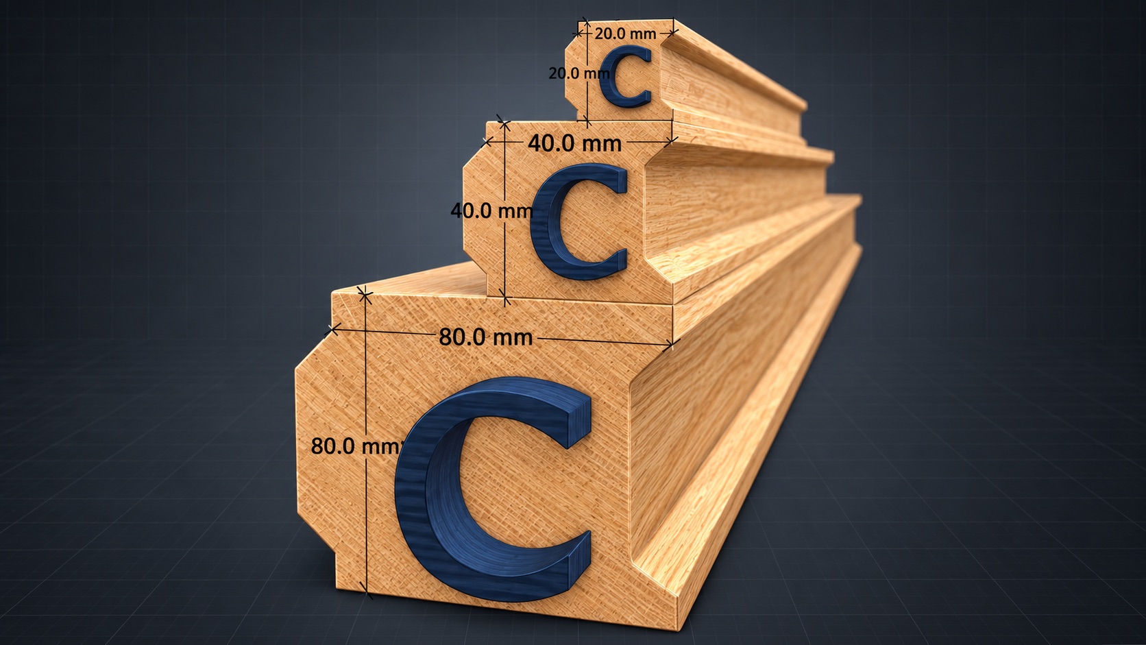Three C profiles showing 20, 40, and 80 millimetre nominal sizes