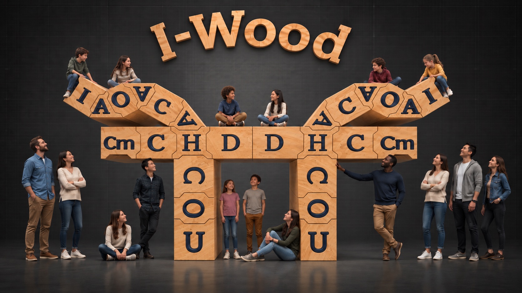 People gathered around a large I-Wood letter tree built from oak components