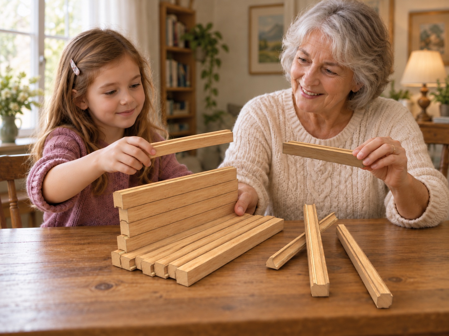 A grandmother and child building together with I-Wood pieces