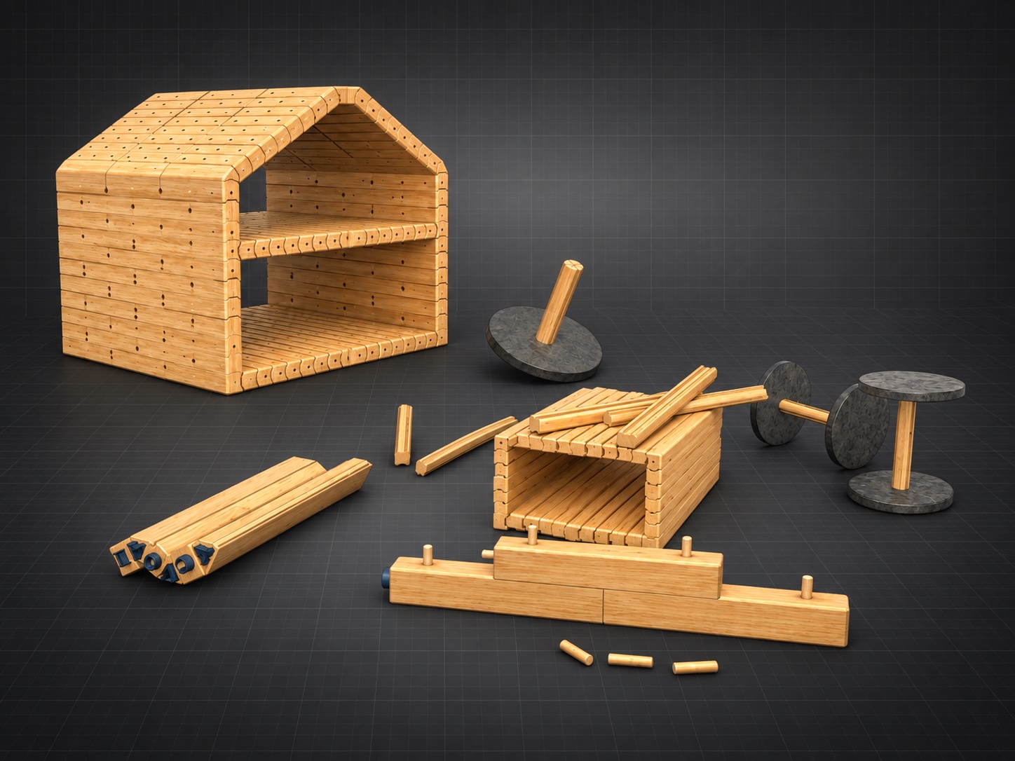 A collection of objects created with the 2 cm I-Wood system