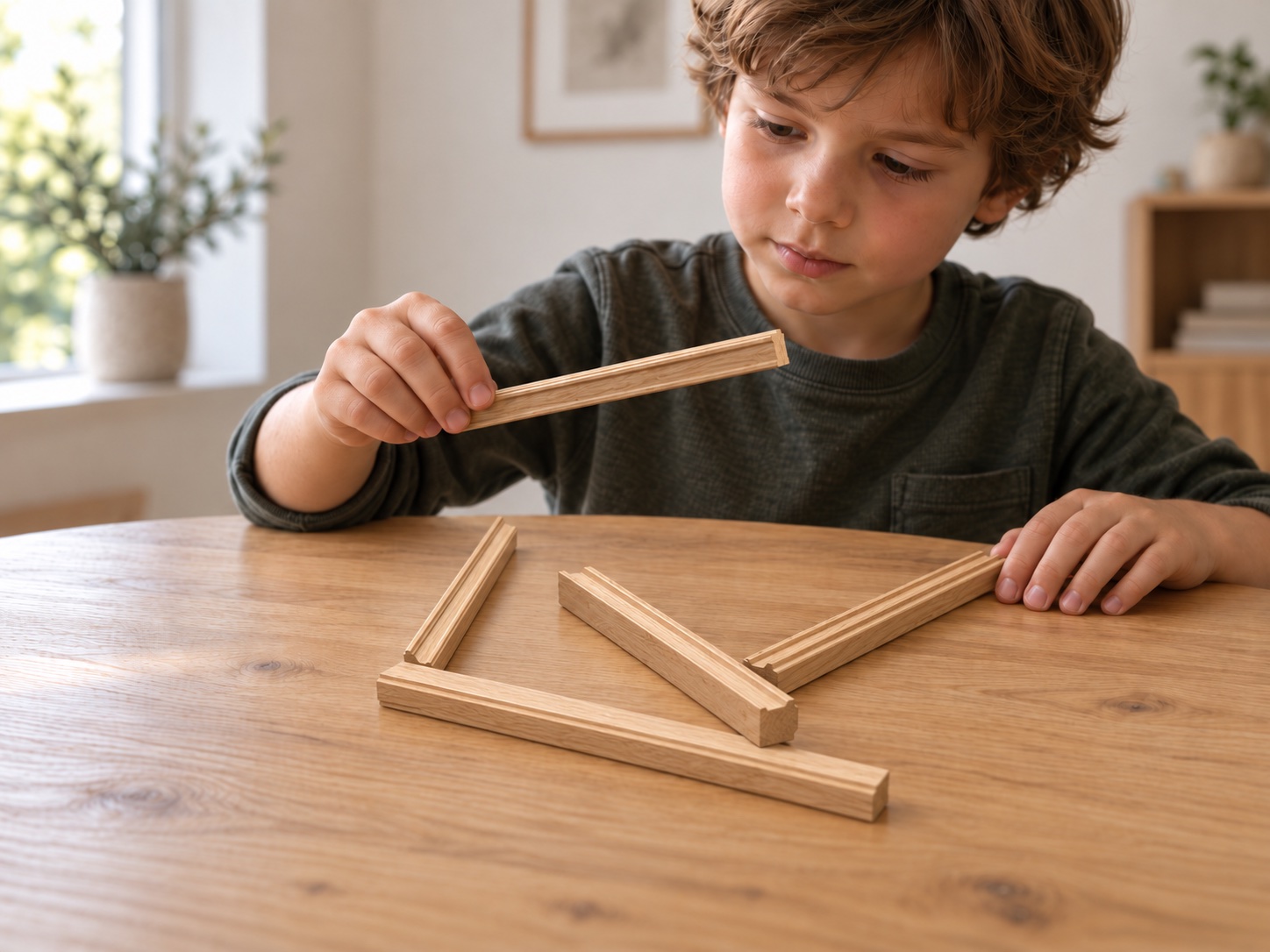 A child independently arranging I-Wood pieces on a table
