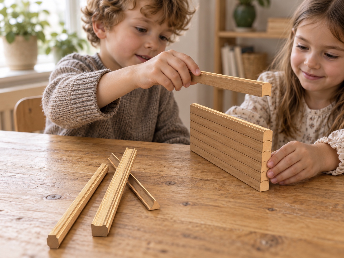 Two children cooperating as they build with I-Wood pieces